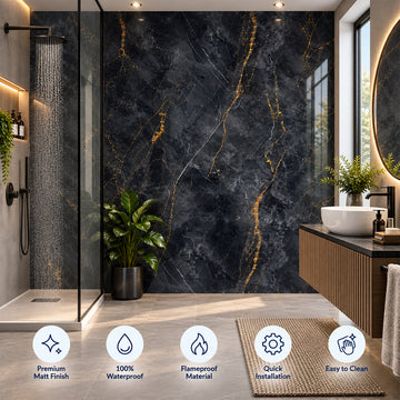 Britwall Shower Panel Waterproof Noir Gold Marble Gloss Bathroom Wall Cladding 2400x1000mm pack of 3