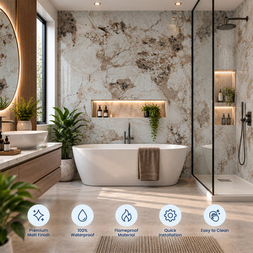 Britwall Shower Panel Waterproof Rustic Beige Marble Gloss Bathroom Wall Cladding 2400x1000mm - Pack of 3