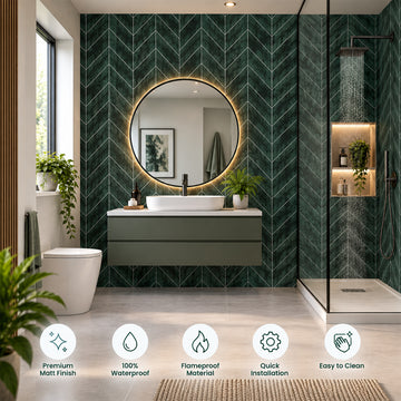 Britwall Shower Panel Waterproof Green Fishbone Tile Effect Matt Bathroom Wall Cladding 2400x600mm Pack of 3