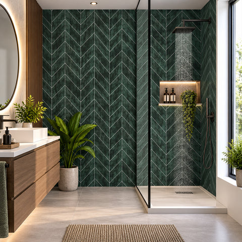 Britwall Shower Panel Waterproof Green Fishbone Tile Effect Matt Bathroom Wall Cladding 2400x600mm Pack of 4