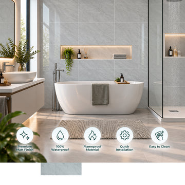Britwall Shower Panel Waterproof Light Grey Marble Tile Effect Gloss Bathroom Wall Cladding 2400x600mm Pack of 3