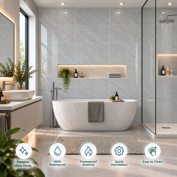 Britwall Shower Panel Waterproof Light Grey Marble Tile Effect Gloss Bathroom Wall Cladding 2400x600mm Pack of 3