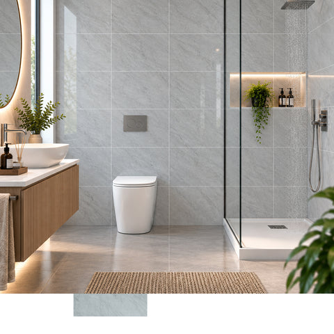 Britwall Shower Panel Waterproof Light Grey Marble Tile Effect Gloss Bathroom Wall Cladding 2400x600mm Pack of 4