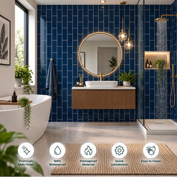 Britwall Shower Panel Waterproof Dark Blue Vertical Brick Tile Effect Gloss Bathroom Wall Cladding 2400x600mm Pack of 3