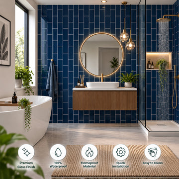 Britwall Shower Panel Waterproof Dark Blue Vertical Brick Tile Effect Gloss Bathroom Wall Cladding 2400x600mm Pack of 3