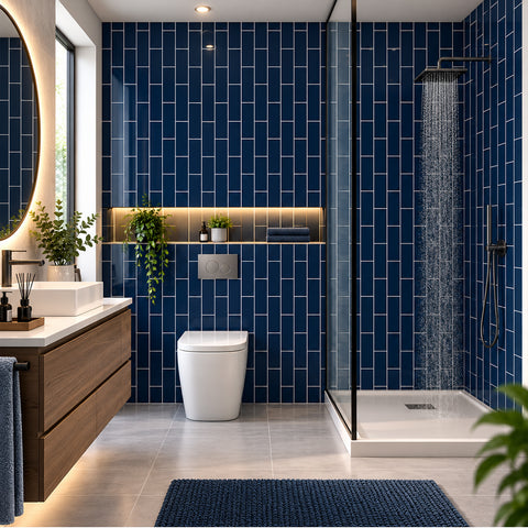 Britwall Shower Panel Waterproof Dark Blue Vertical Brick Tile Effect Gloss Bathroom Wall Cladding 2400x600mm Pack of 3