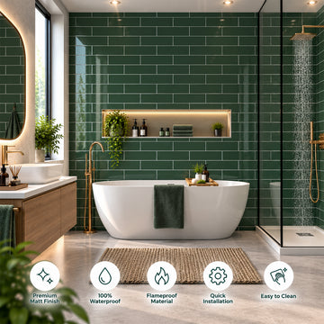 Britwall Shower Panel Waterproof Green Horizontal Brick Tile Effect Gloss Bathroom Wall Cladding 2400x600mm Pack of 3