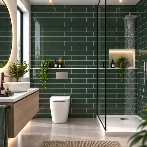 Britwall Shower Panel Waterproof Green Horizontal Brick Tile Effect Gloss Bathroom Wall Cladding 2400x600mm Pack of 3