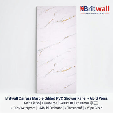 Britwall Carrara Marble Gilded PVC Shower Panel – Gold Veins