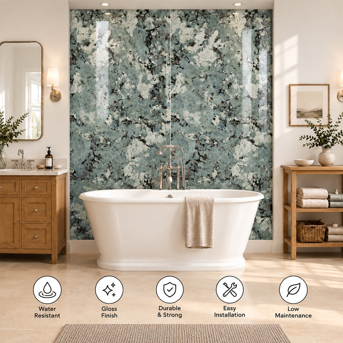 A freestanding white bathtub placed in a styled bathroom with a large blue-green and white marbled tile wall behind it. Wooden vanity cabinets, a mirror, framed wall art, towels, and a rug are visible, with feature icons along the bottom listing water resistance, gloss finish, durability, easy installation, and low maintenance.