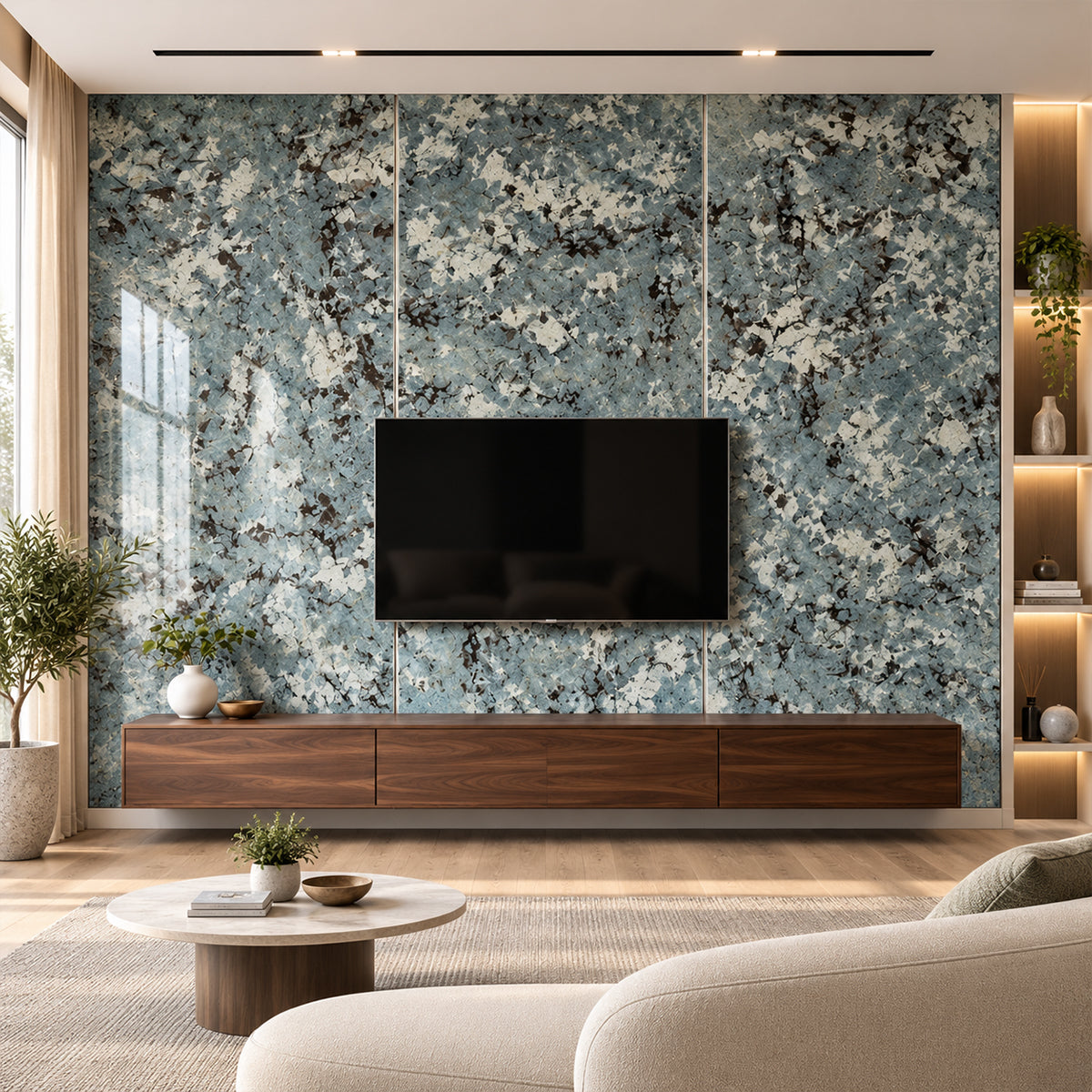 A modern living room featuring a large blue and white textured wallpapered accent wall behind a black flat-screen TV and a dark wood media console. The room has light wood floors, a beige sofa in the foreground, a round coffee table, and built-in shelving on the right.