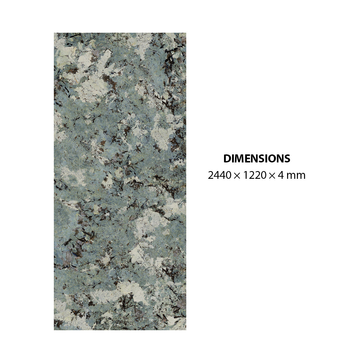 A rectangular sample of mottled stone-look tile or flooring material shown on a white background, with text reading “DIMENSIONS 2440 x 1220 x 4 mm” to the right.