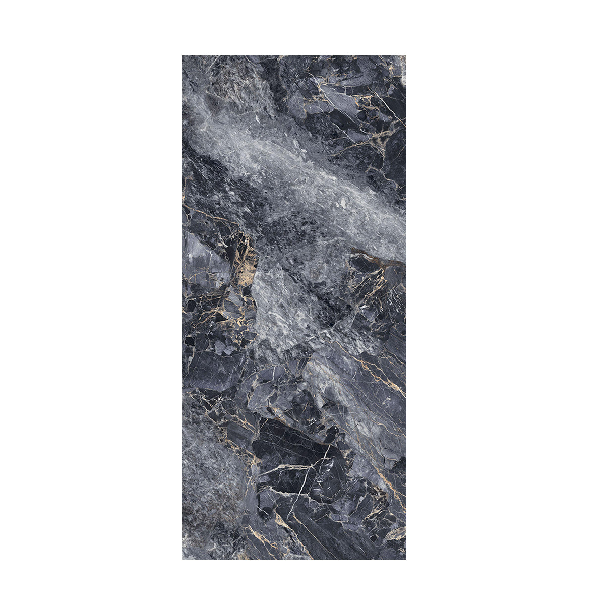 A rectangular slab of dark marble with black, gray, and subtle gold veining, centered on a plain white background.