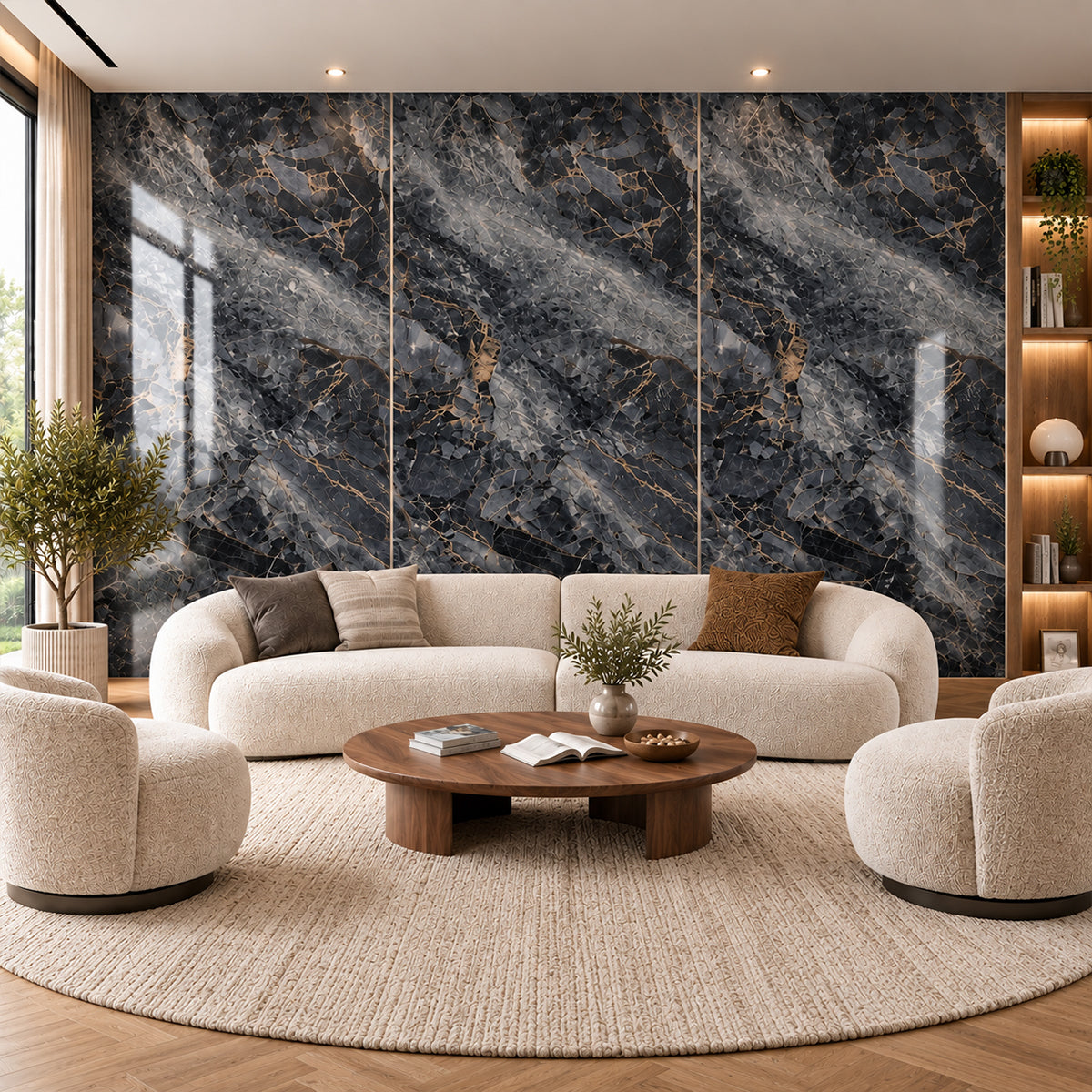 A modern living room featuring a large three-panel wall mural with a dark gray and black marble pattern accented by gold veins. In front of the wall is a cream-colored curved sofa with matching armchairs, a round wooden coffee table, and a large beige textured area rug.