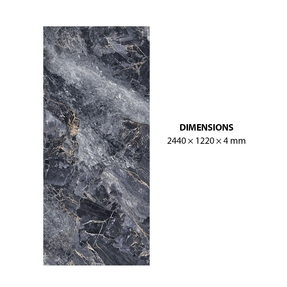 A dark gray and black marble-look tile or slab sample shown on a white background with text reading “DIMENSIONS 2440 x 1220 x 4 mm” to the right.