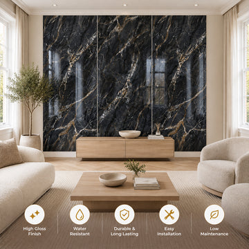 Britwall SPC Wall Panel Waterproof Noir Gold Vein Marble Gloss Tongue & Groove Cladding 2400x1200x4mm