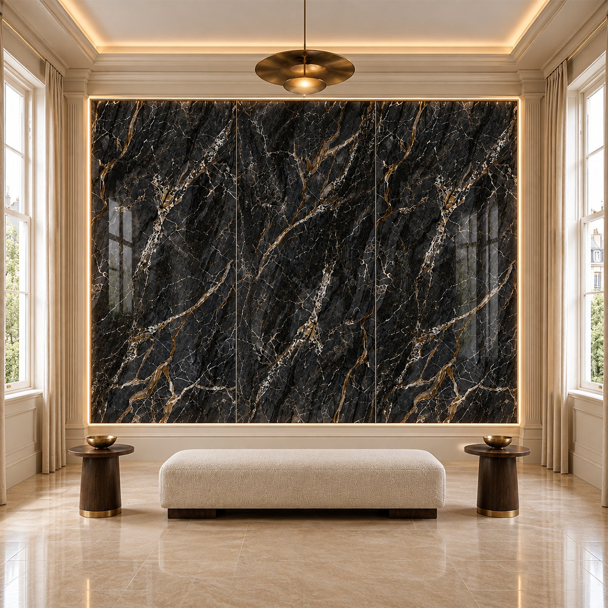 A large black marble wall mural with elegant gold and white veining, displayed in a luxurious modern room setting with a beige bench and side tables.
