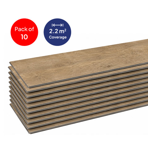 Pack of 10 SPC Flooring Antique Wood Embossed 1220 x 181 mm Waterproof Click Lock Vinyl Planks – Country Oak