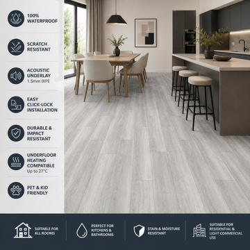 Pack of 10 SPC Flooring Wood Embossed 1220 x 181 mm Waterproof Vinyl Planks – Light Grey Oak