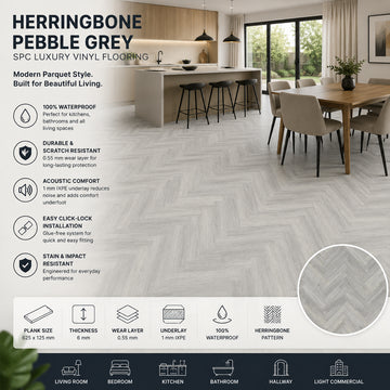 Britwall Herringbone Pebble Grey SPC Luxury Vinyl Flooring Pack of 20 – 1.72 Sq Meter Coverage, Wood Embossed 625 x 125 mm, 6mm Thickness, Waterproof Click Lock Flooring