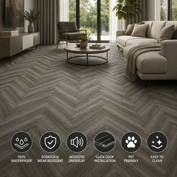 Pack of 20 SPC Herringbone Luxury Vinyl Flooring – Midnight Grey, 1.72 Sq Meter Coverage, Wood Embossed Finish, Plank Size 625 x 125 mm, 6mm Thickness with 0.55mm Wear Layer, Waterproof Click Lock Flooring