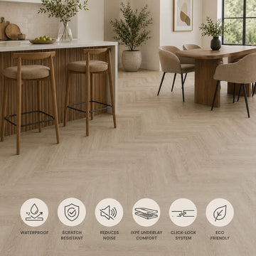 Pack of 20 SPC Herringbone Luxury Vinyl Flooring – Butternut Beige, 1.72 Sq Meter Coverage, Wood Embossed Finish, Plank Size 625 x 125 mm, 6mm Thickness with 0.55mm Wear Layer, Waterproof Click Lock Flooring