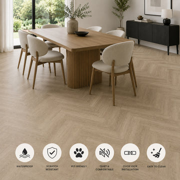 Pack of 20 SPC Herringbone Luxury Vinyl Flooring – Ivory Birch, 1.72 Sq Meter Coverage, Wood Embossed Finish, Plank Size 625 x 125 mm, 6mm Thickness with 0.55mm Wear Layer, Waterproof Click Lock Flooring