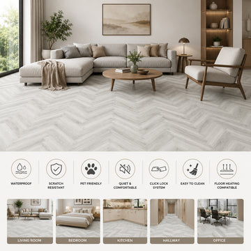 Pack of 20 SPC Herringbone Luxury Vinyl Flooring – Warm Walnut, 1.72 Sq Meter Coverage, Wood Embossed Finish, Plank Size 625 x 125 mm, 6mm Thickness with 0.55mm Wear Layer & IXPE Underlay, Waterproof Click Lock Flooring
