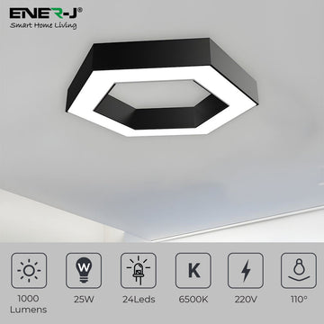 HexaGlow Hollow Hexagon LED Light, 25â 50W, Remote Control, 3000Kâ 6500K CCT, Ceiling or Hanging Installation, Black Finish, 600mm