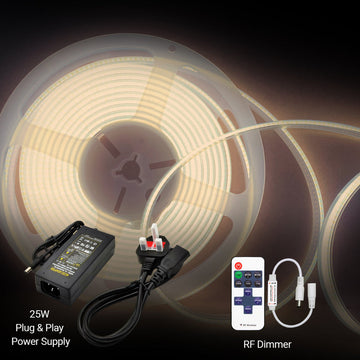 5m LED COB Strip Light 320 LEDs Per Metre 24V 4000K with RF Dimmer and 25W Power Supply