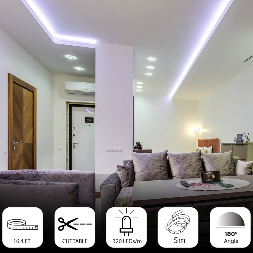 5m LED COB Strip Light 320 LEDs Per Metre 24V 3000K with RF Dimmer and 25W Power Supply