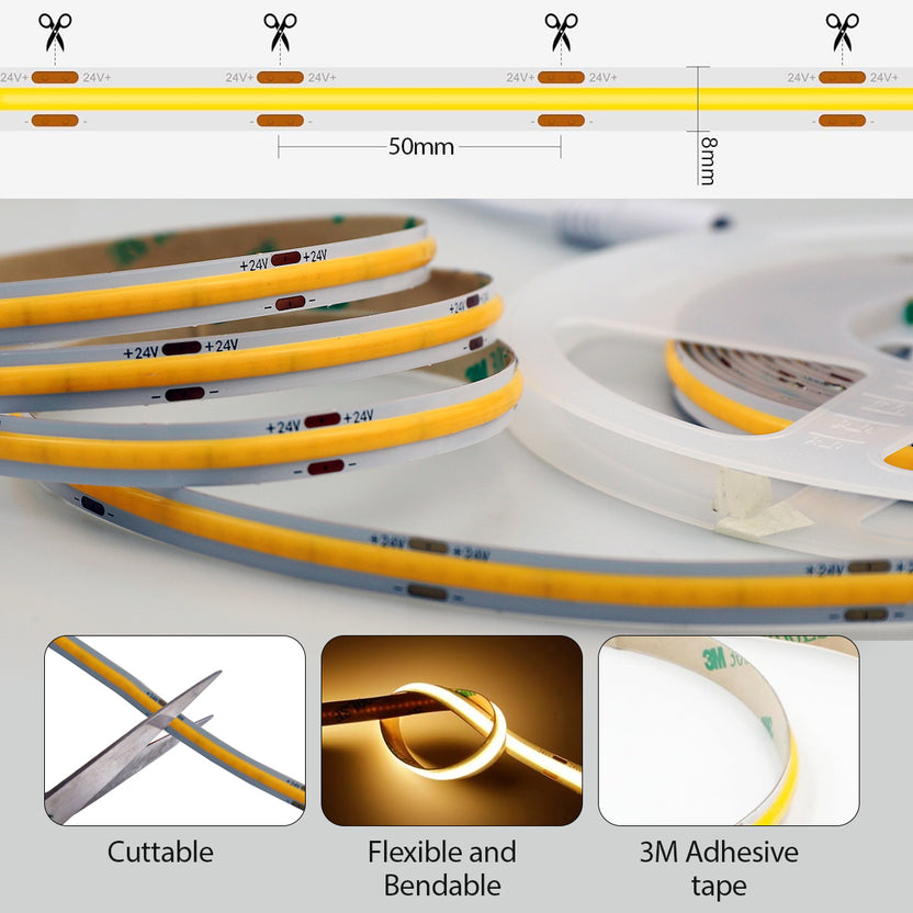 5m LED COB Strip Light 320 LEDs Per Metre 24V 4000K with RF Dimmer and 25W Power Supply
