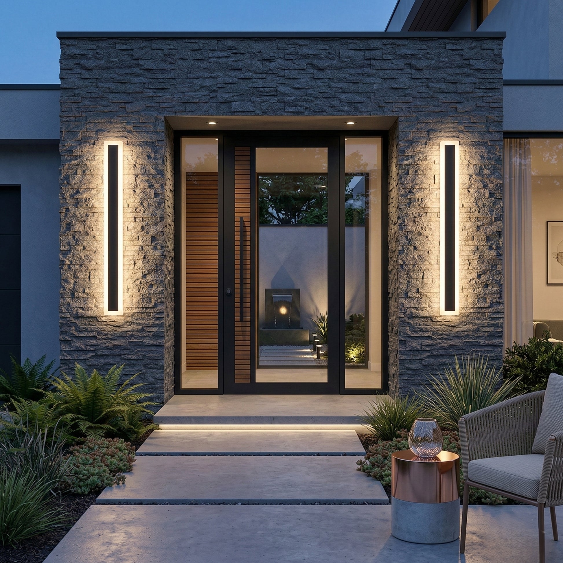 Modern house entrance with stone facade, glass door, and outdoor lighting