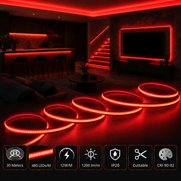 Ener-J 24V COB LED Strip Lights High Brightness Red 30M Reel with 480 LEDs/M IP20