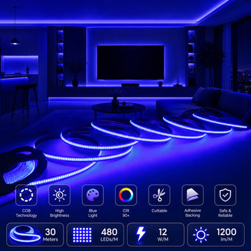 Ener-J 24V COB LED Strip Lights High Brightness Blue 30M Reel with 480 LEDs/M IP20
