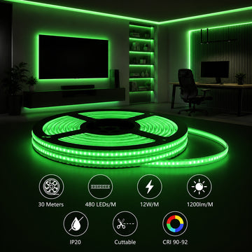 Ener-J 24V COB LED Strip Lights High Brightness Green 30M Reel with 480 LEDs/M IP20