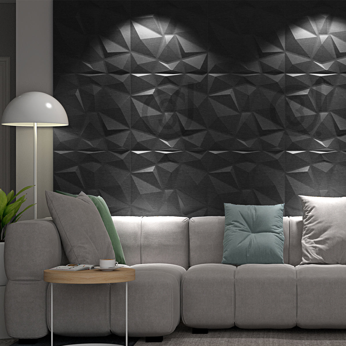 Pack of 4, 3D PVC Wall Panel – Faceted Diamond Design | Black | 500 x 500 mm | Waterproof & Lightweight