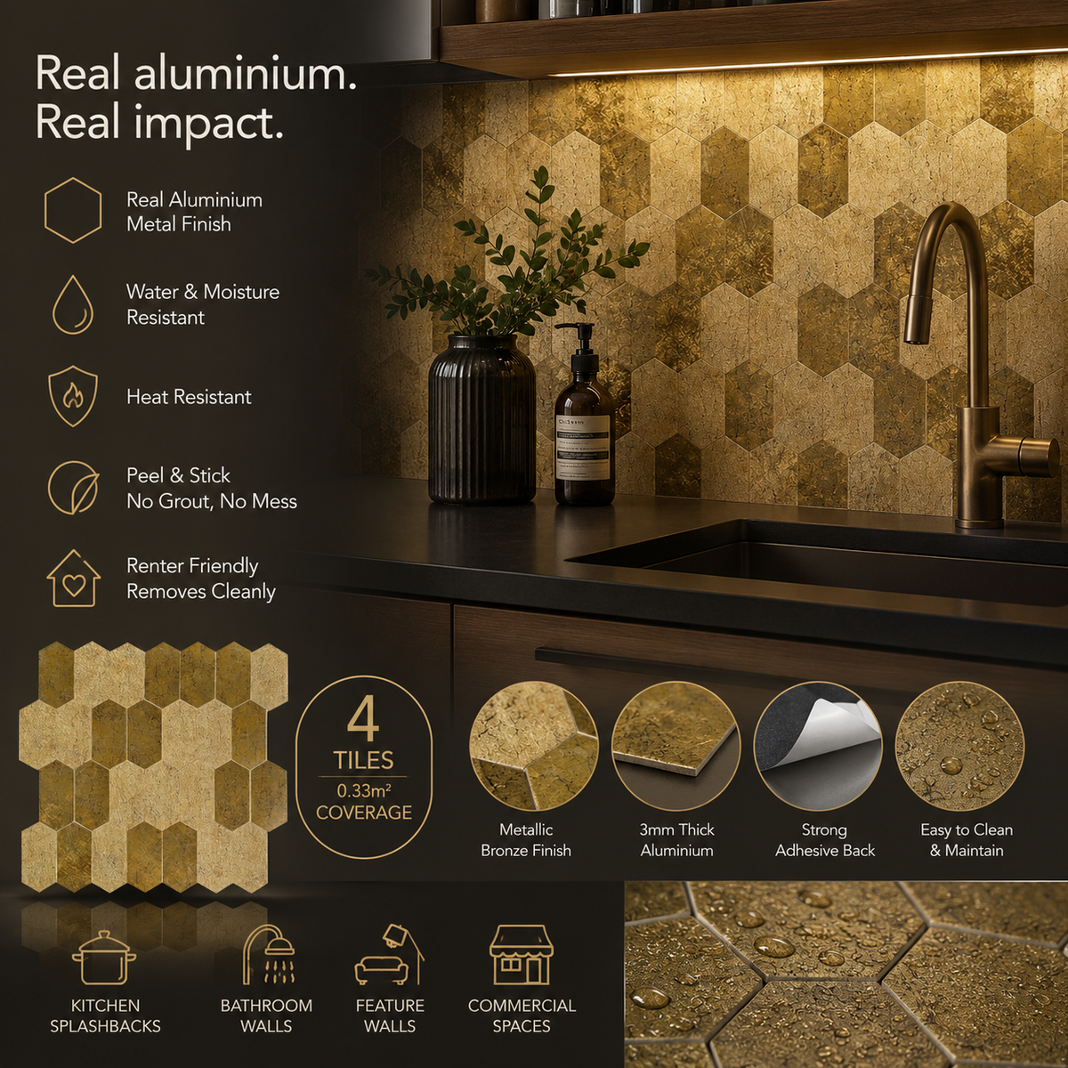 Pack of 4 Linear Glow Peel & Stick Aluminum Tile Size:300 x 300 x 4 mm
