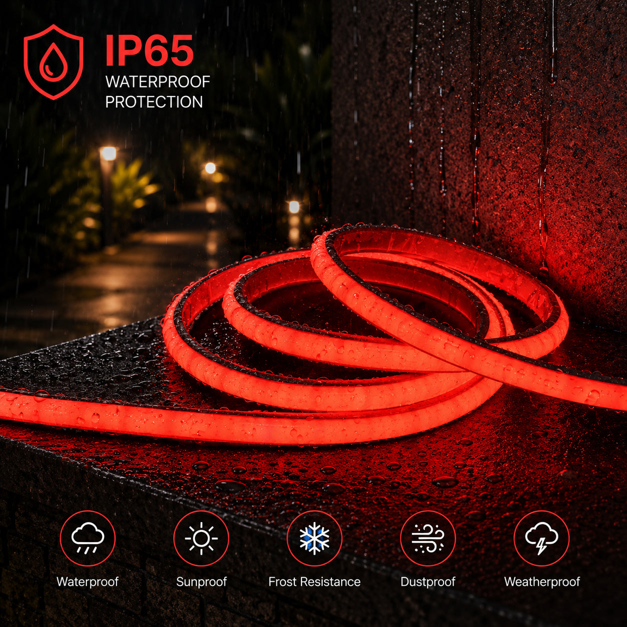 50M FCOB Neon Rope Light Kit, 10W/M, 800Lm/M, Red with 1 power cord, 25 Holders and 10 end caps