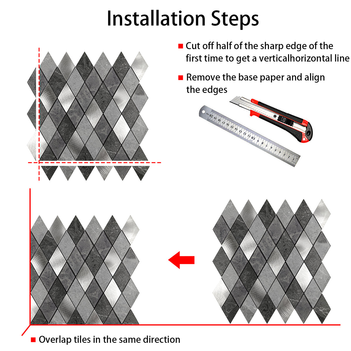 Pack of 4 Silver Slate Diamond Pattern Peel & Stick Aluminum Tile Size:295 x 295 x 4.5 mm