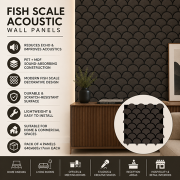 Acoustic Wall Panels 640x665x17mm Sculpted PET + MDF Pack of 4 – Modern Fish Scale Pattern