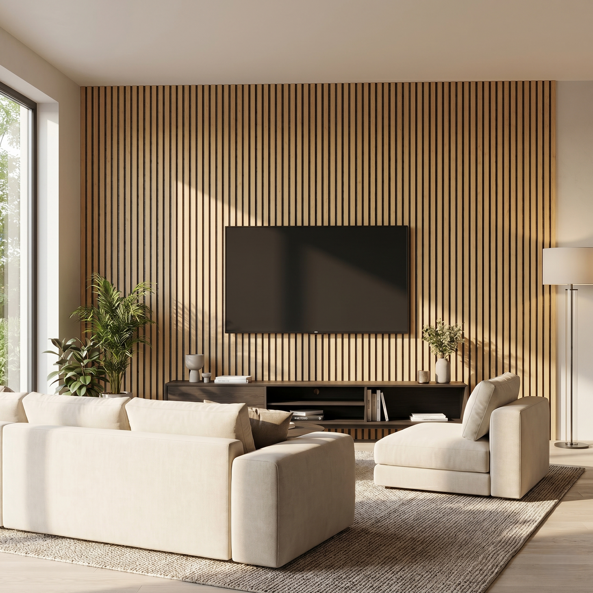 Modern living room with beige acoustic walls, white sofa, and a television.