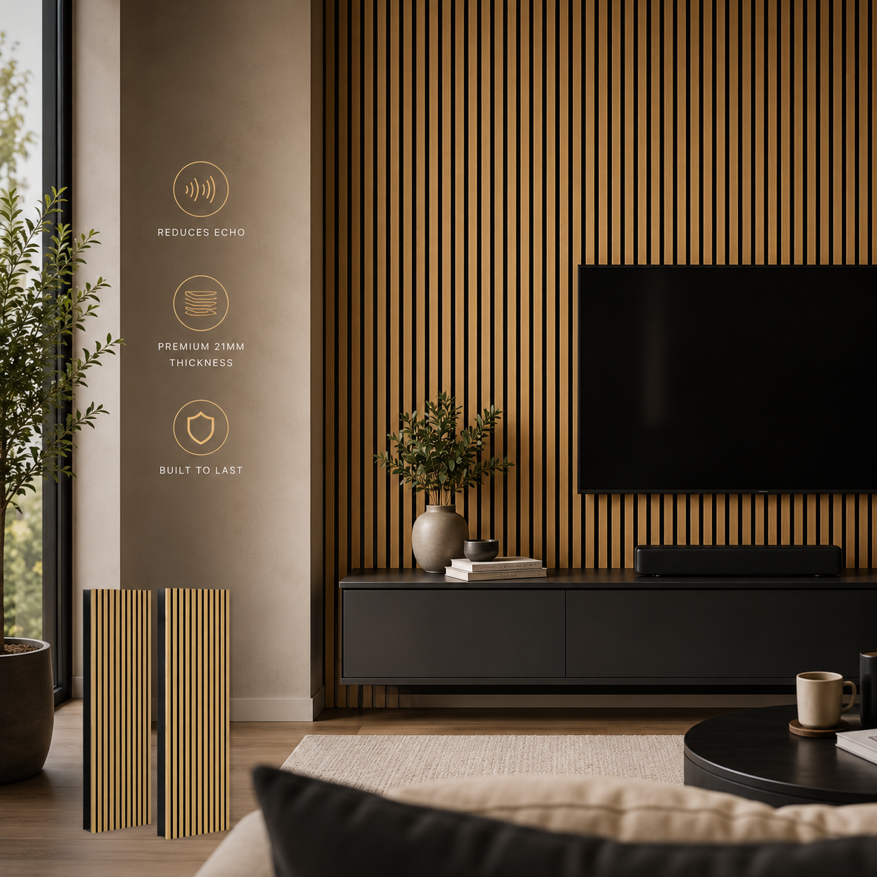 Modern living room with a television mounted on a beige wooden acoustic panel wall.