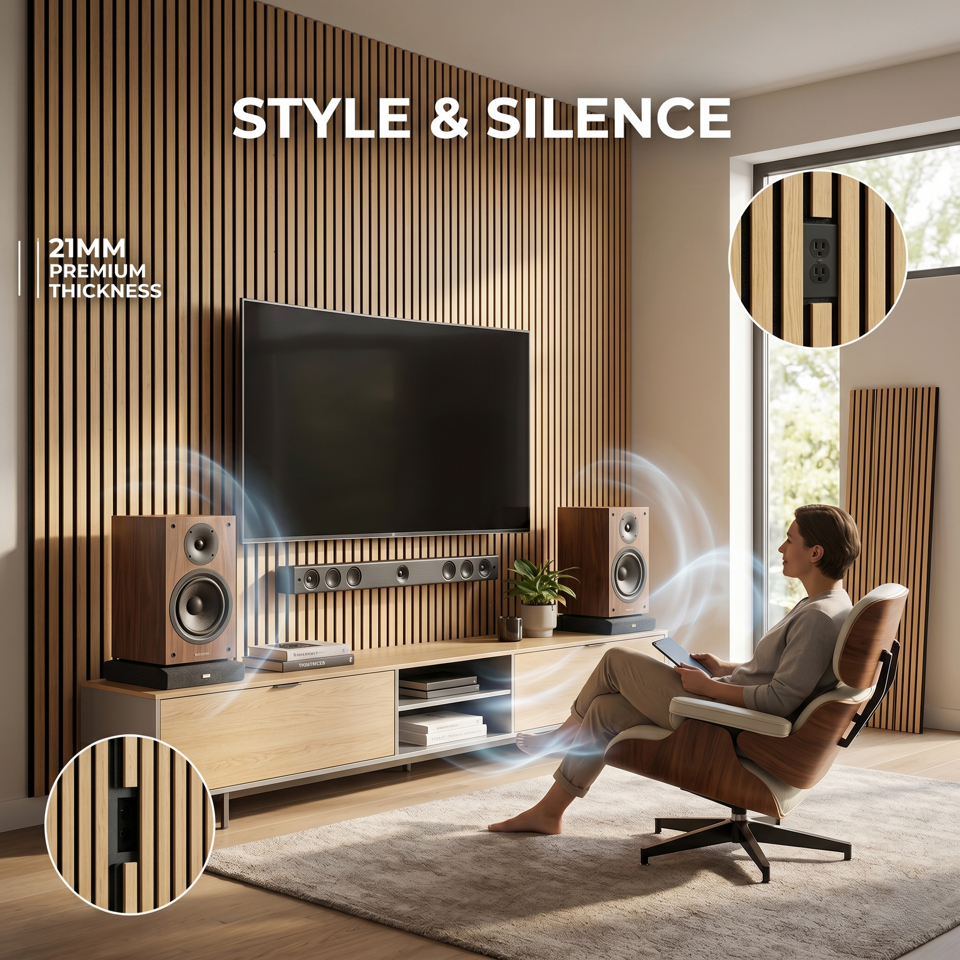 Modern living room with a TV and speakers, emphasizing 'Style & Silence' and '21mm Premium Thickness Acoustic Wall Panels'.