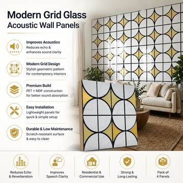 Acoustic Wall Panels Architectural 3D Pack of 4 – Modern Grid Glass