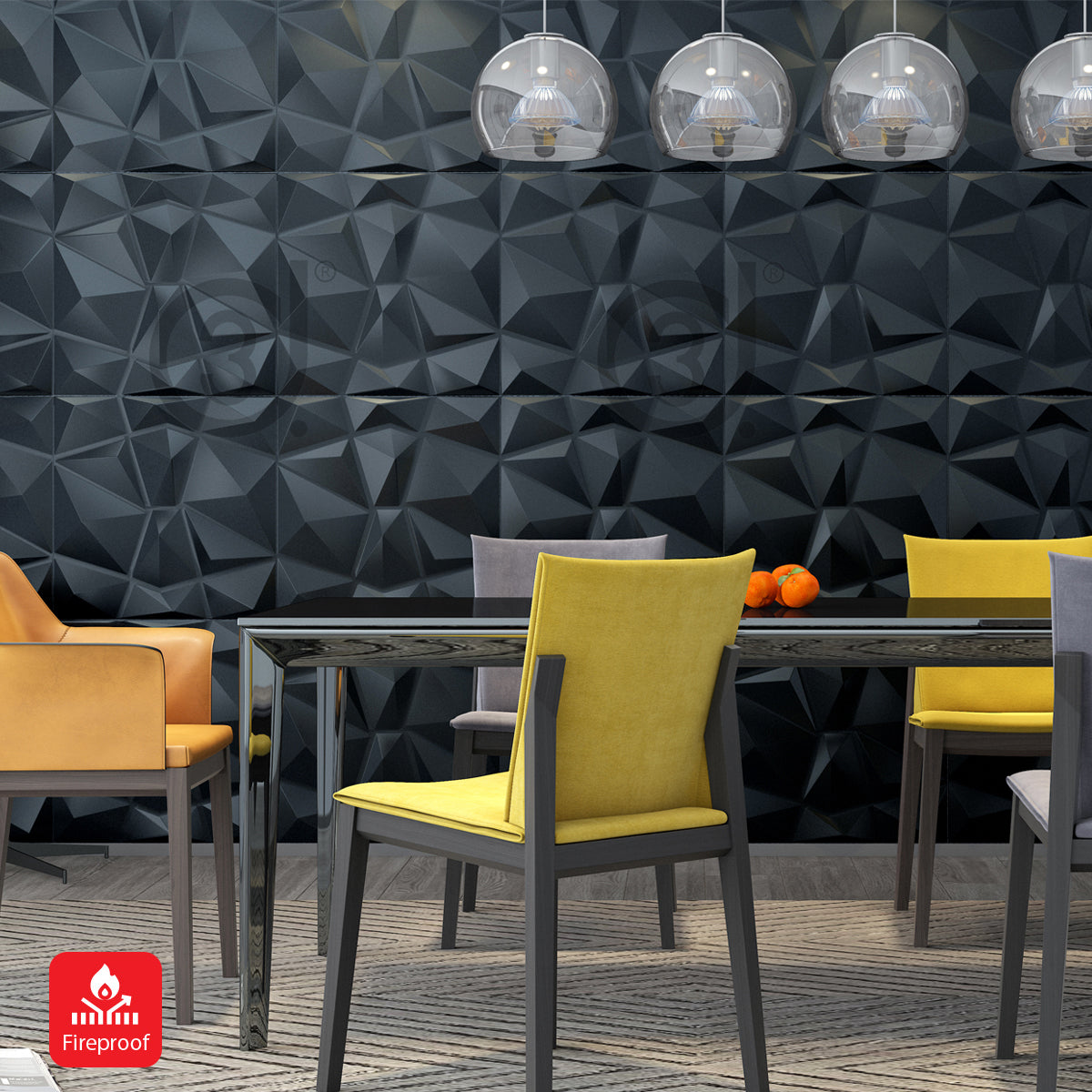 Pack of 4, 3D PVC Wall Panel – Faceted Diamond Design | Black | 500 x 500 mm | Waterproof & Lightweight