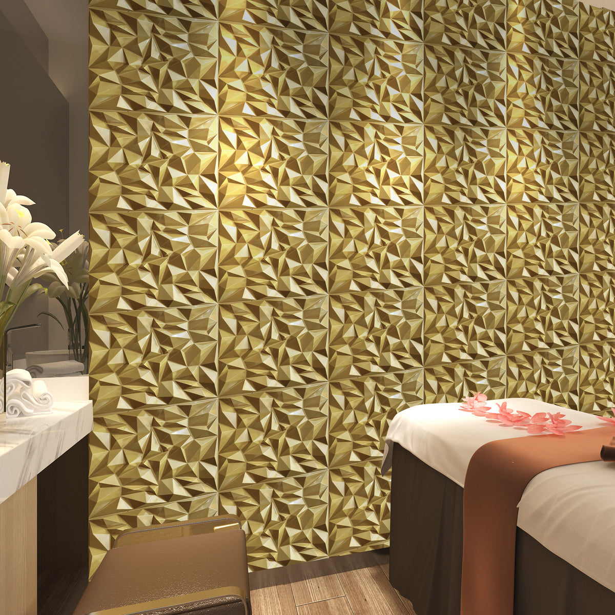 Pack of 4, 3D PVC Wall Panel – Faceted Diamond Design | Gold | 500 x 500 mm | Waterproof & Lightweight