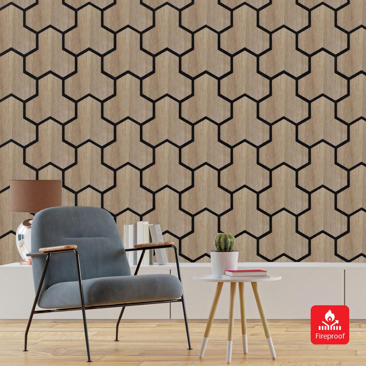 Geometric Acoustic Panel with Wooden Hexagon Pattern - PET + MDF | 620 x 800 x 17 mm - Pack of 4