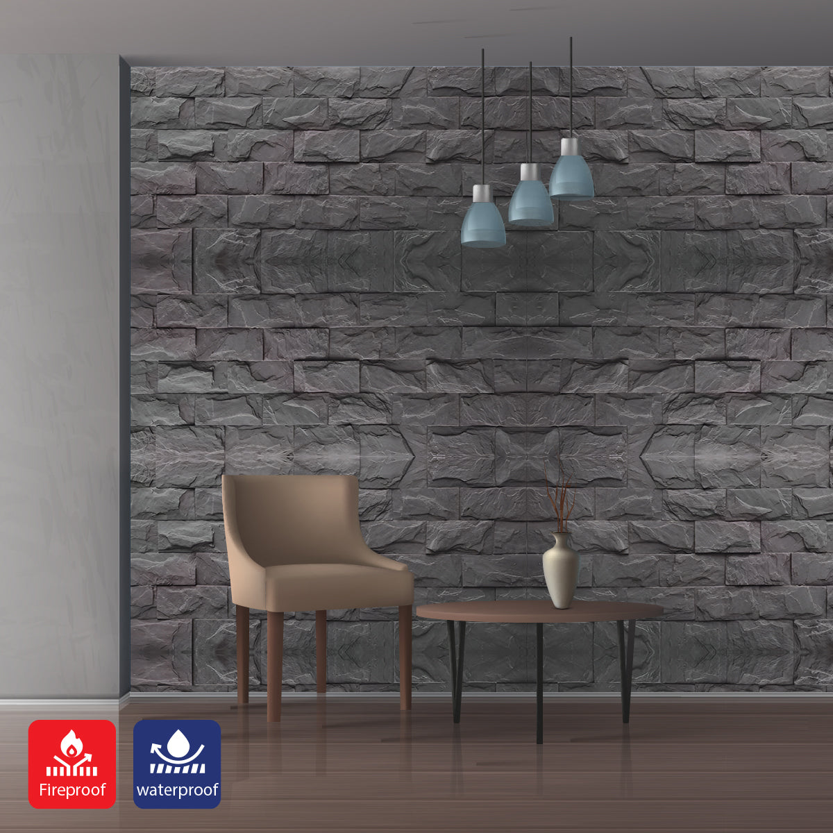 Charcoal Stacked Stone PU Wall Panel – 1200 x 600 mm | 3D Textured Stone Effect | Lightweight Decorative Wall Panel | Easy Installation - Pack of 2
