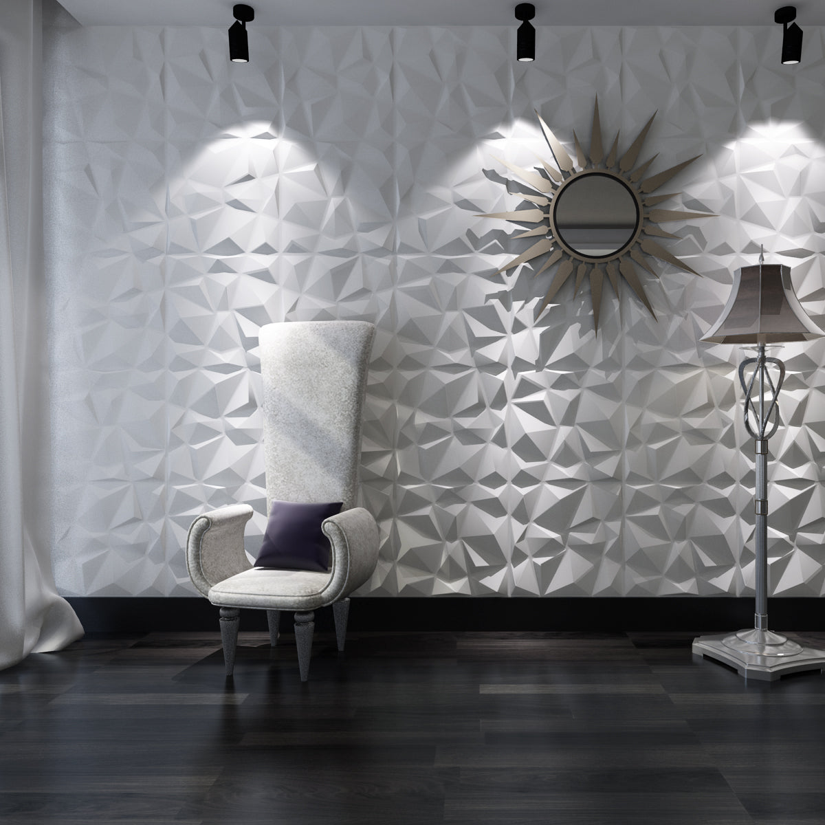Pack of 4, 3D PVC Wall Panel – Faceted Diamond Design | White | 500 x 500 mm | Waterproof & Lightweight
